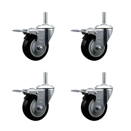 Service Caster 35 Inch Black Polyurethane Swivel 34 Inch Threaded Stem Caster Set with Total Lock Brake SCC-TSTTL20S3514-PPUB-BLK-34212-4